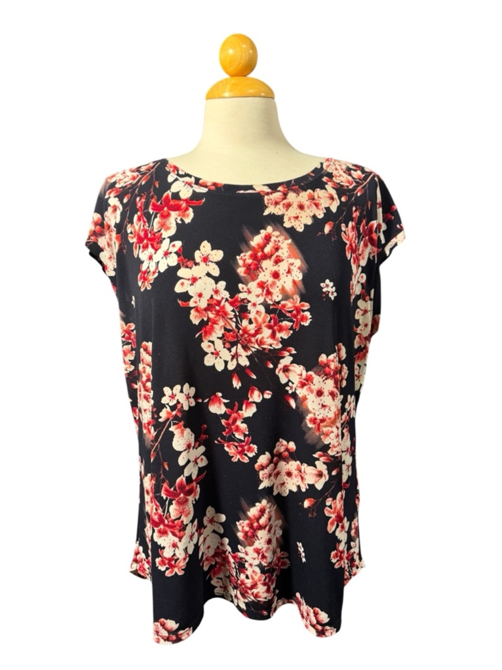 Elle Midnight Blue Floral Cap-Sleeve Blouse with Red & White Blooms